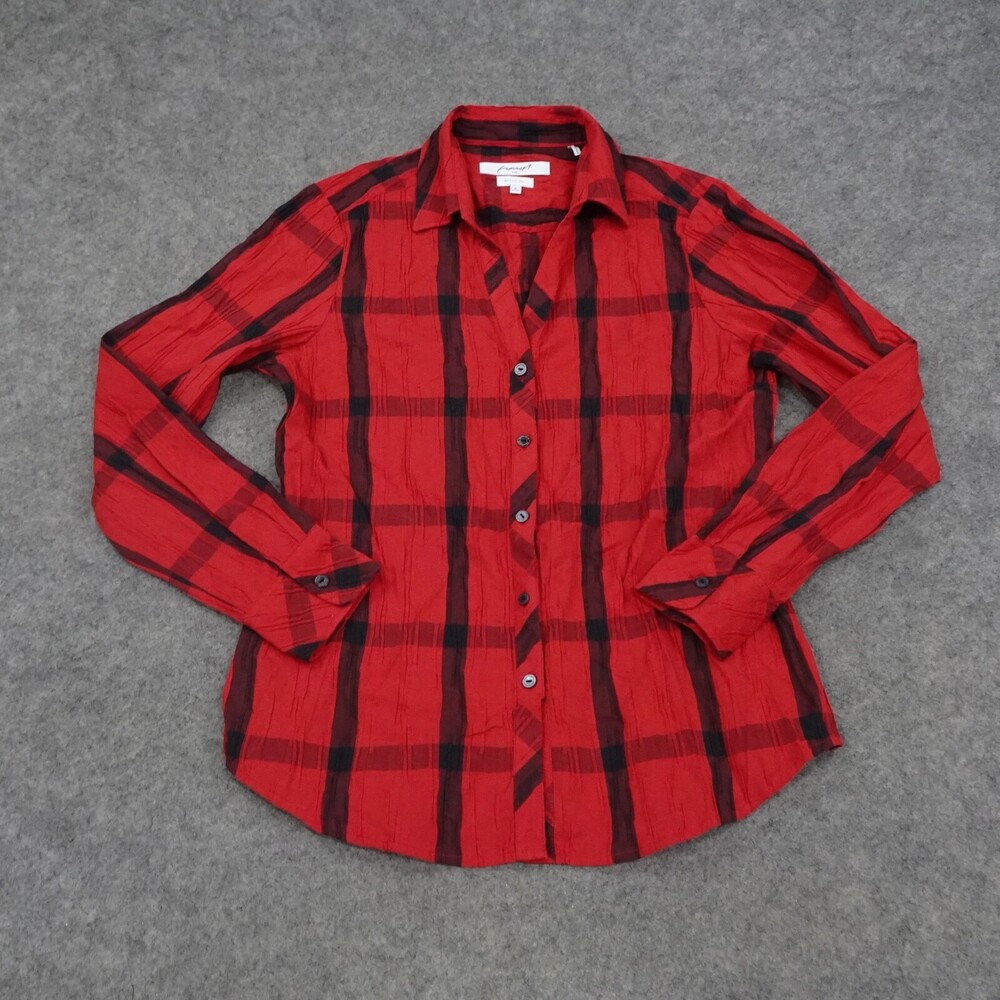Foxcroft Shirt Womens 8 Red Black Button Up Plaid Shaped Wrinkle Free Top Casual